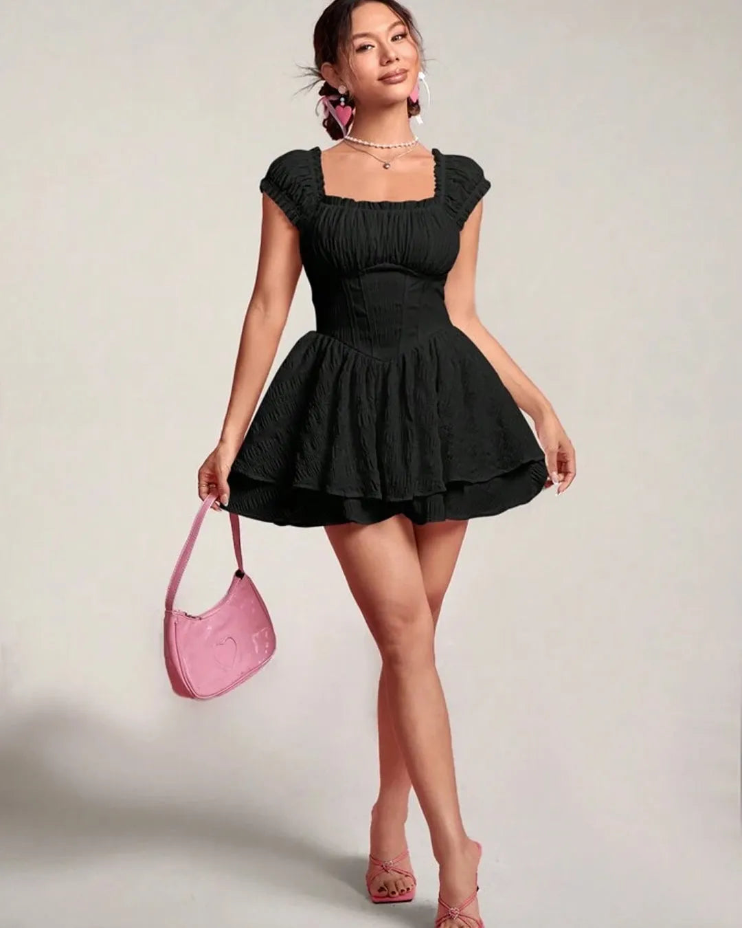 Square Neck On and Off Shoulder Double Layer Short Sleeve Dress In Black