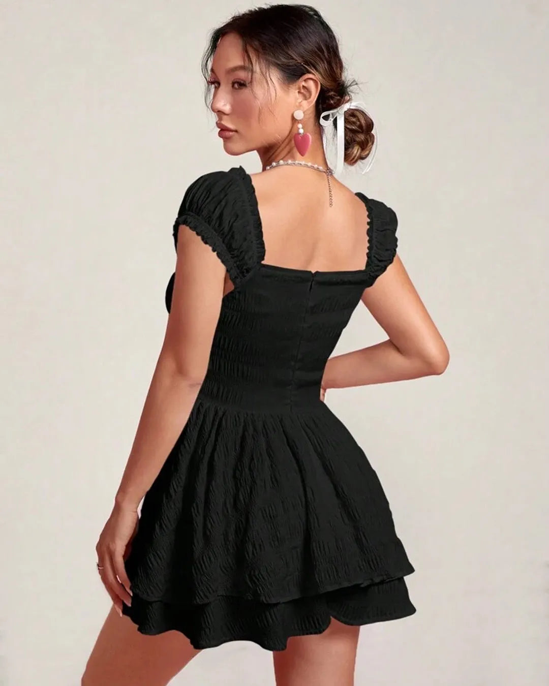 Square Neck On and Off Shoulder Double Layer Short Sleeve Dress In Black