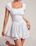 Square Neck Double Layer Short Sleeve Dress In White