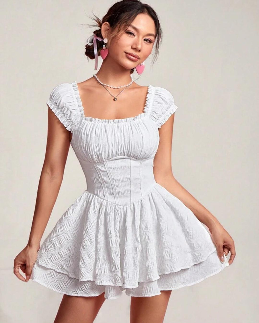 Square Neck Double Layer Short Sleeve Dress In White