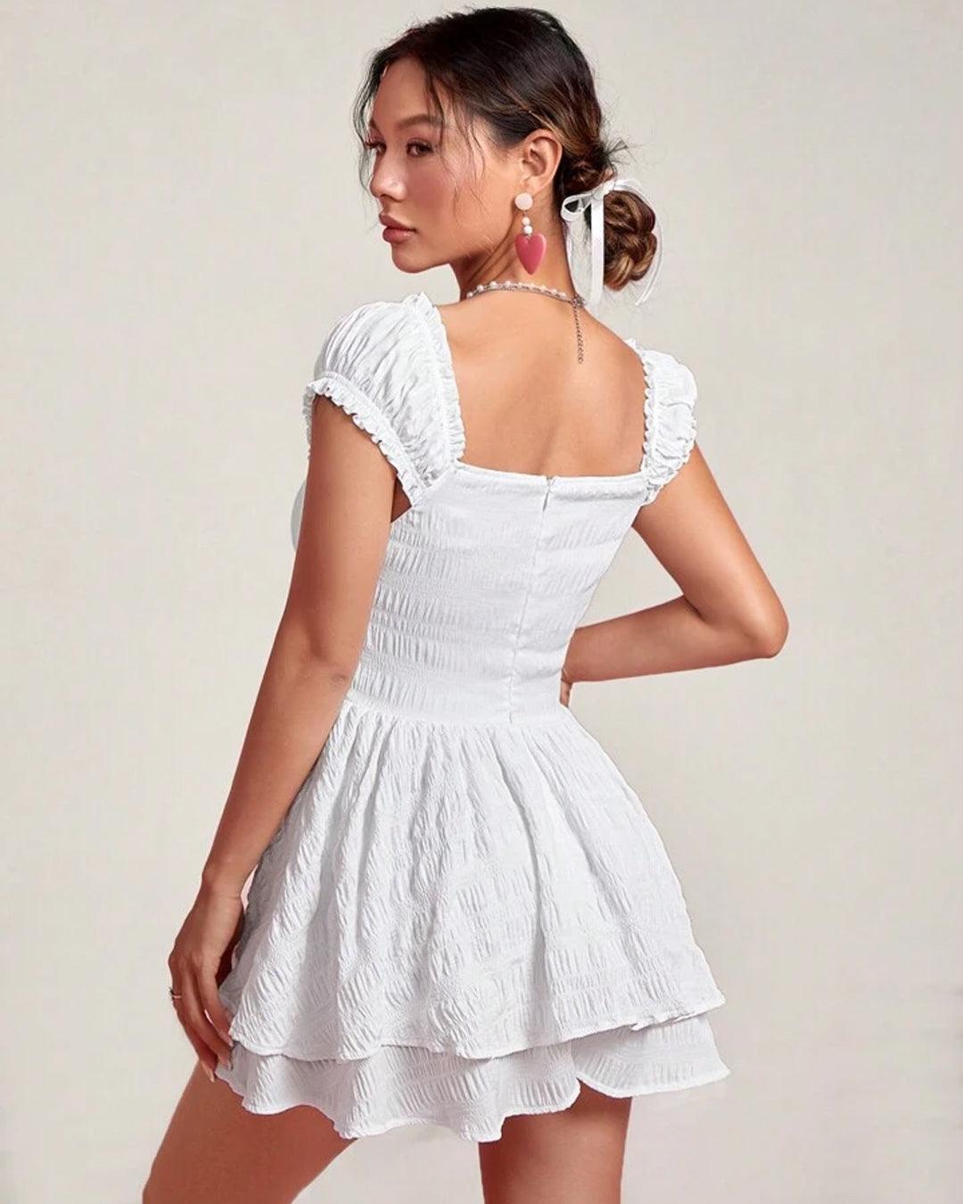 Square Neck Double Layer Short Sleeve Dress In White