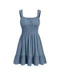Square Neck Ruched Bust Sleeveless Flare Blue Mini Dress