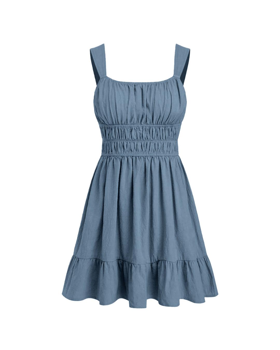 Square Neck Ruched Bust Sleeveless Flare Blue Mini Dress