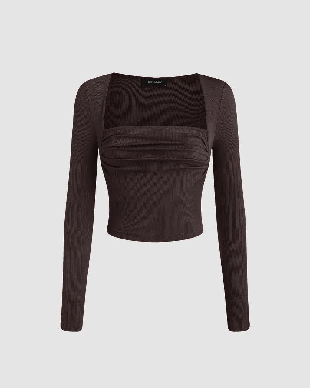 Square Neck Ruched Long Sleeve Top In Chocolate Brown