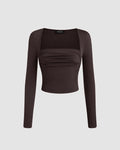 Square Neck Ruched Long Sleeve Top In Chocolate Brown