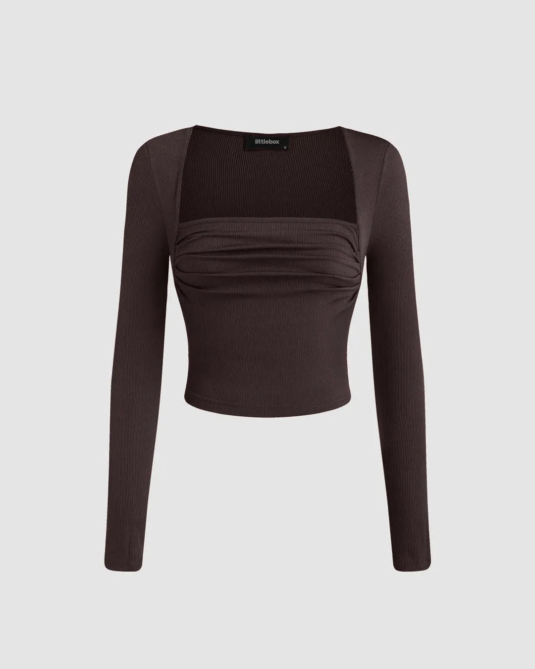 Square Neck Ruched Long Sleeve Top In Chocolate Brown