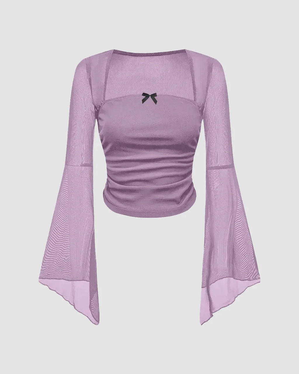 Square Neck Ruched Mesh Flared Long Sleeve Top in Purple