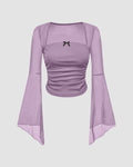 Square Neck Ruched Mesh Flared Long Sleeve Top in Purple