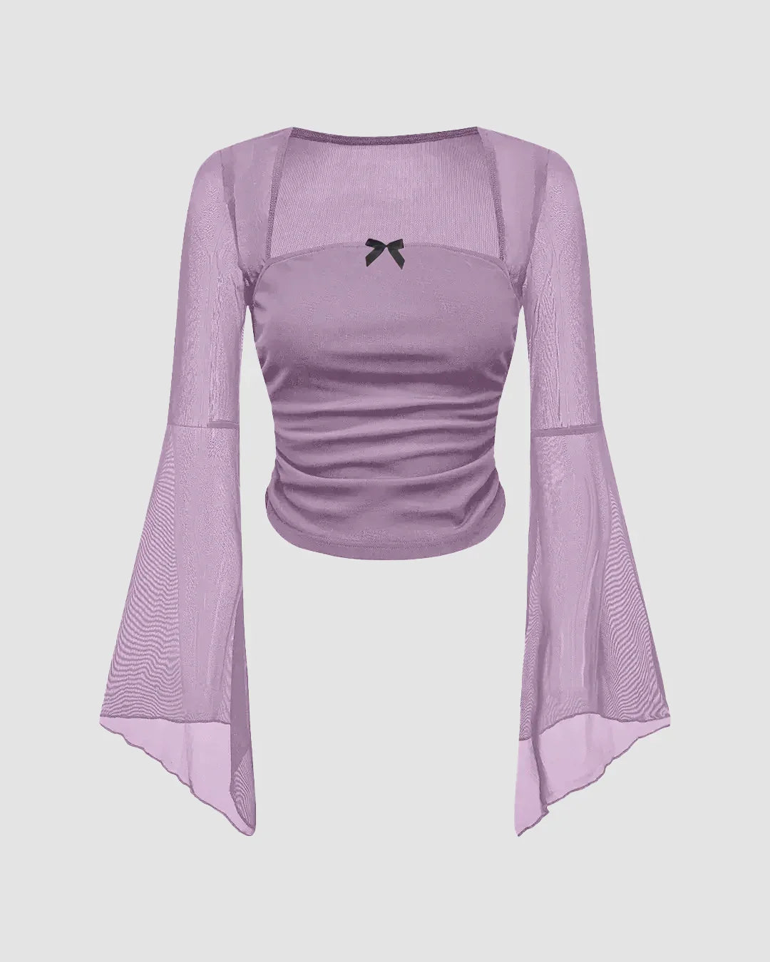 Square Neck Ruched Mesh Flared Long Sleeve Top in Purple