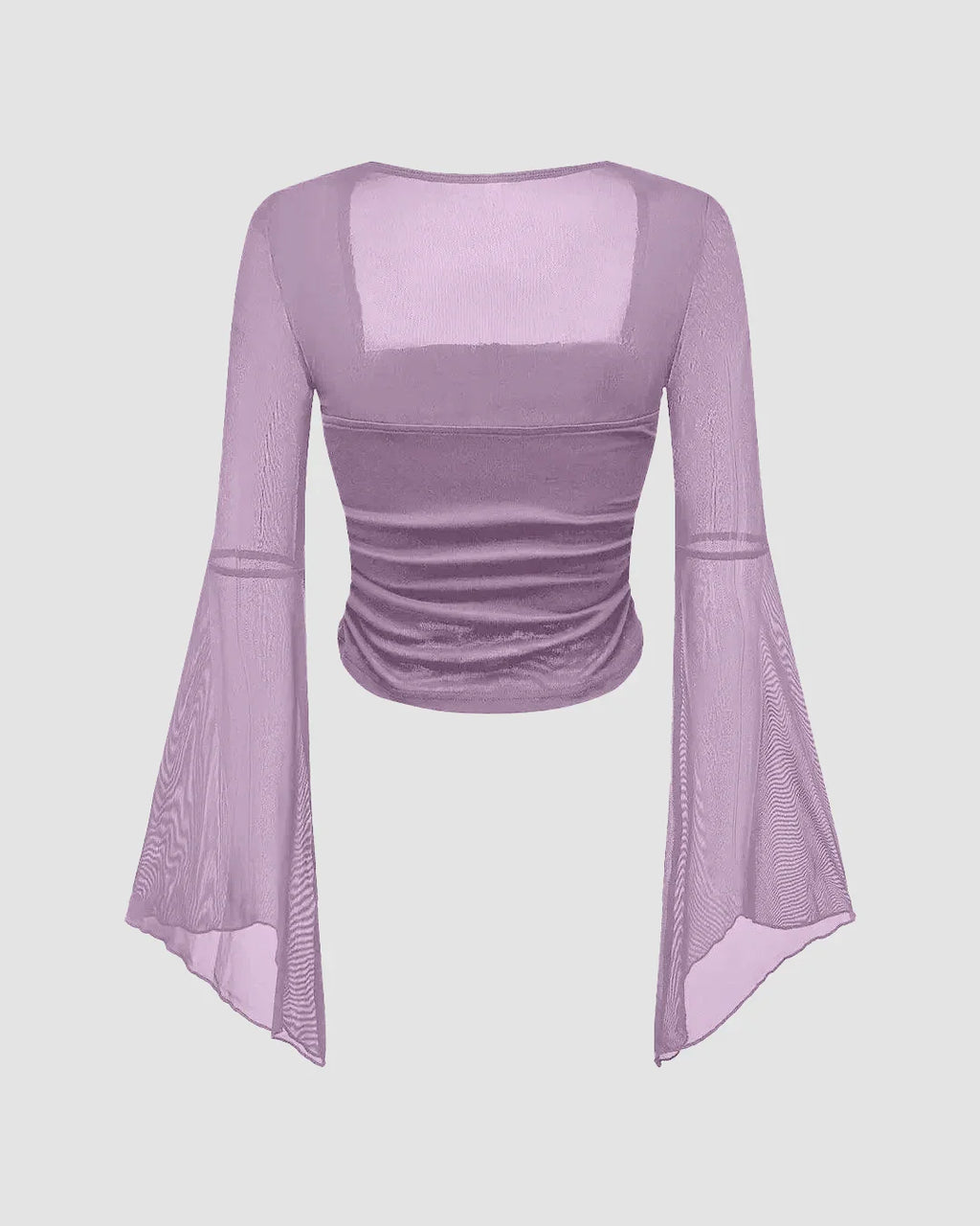 Square Neck Ruched Mesh Flared Long Sleeve Top in Purple