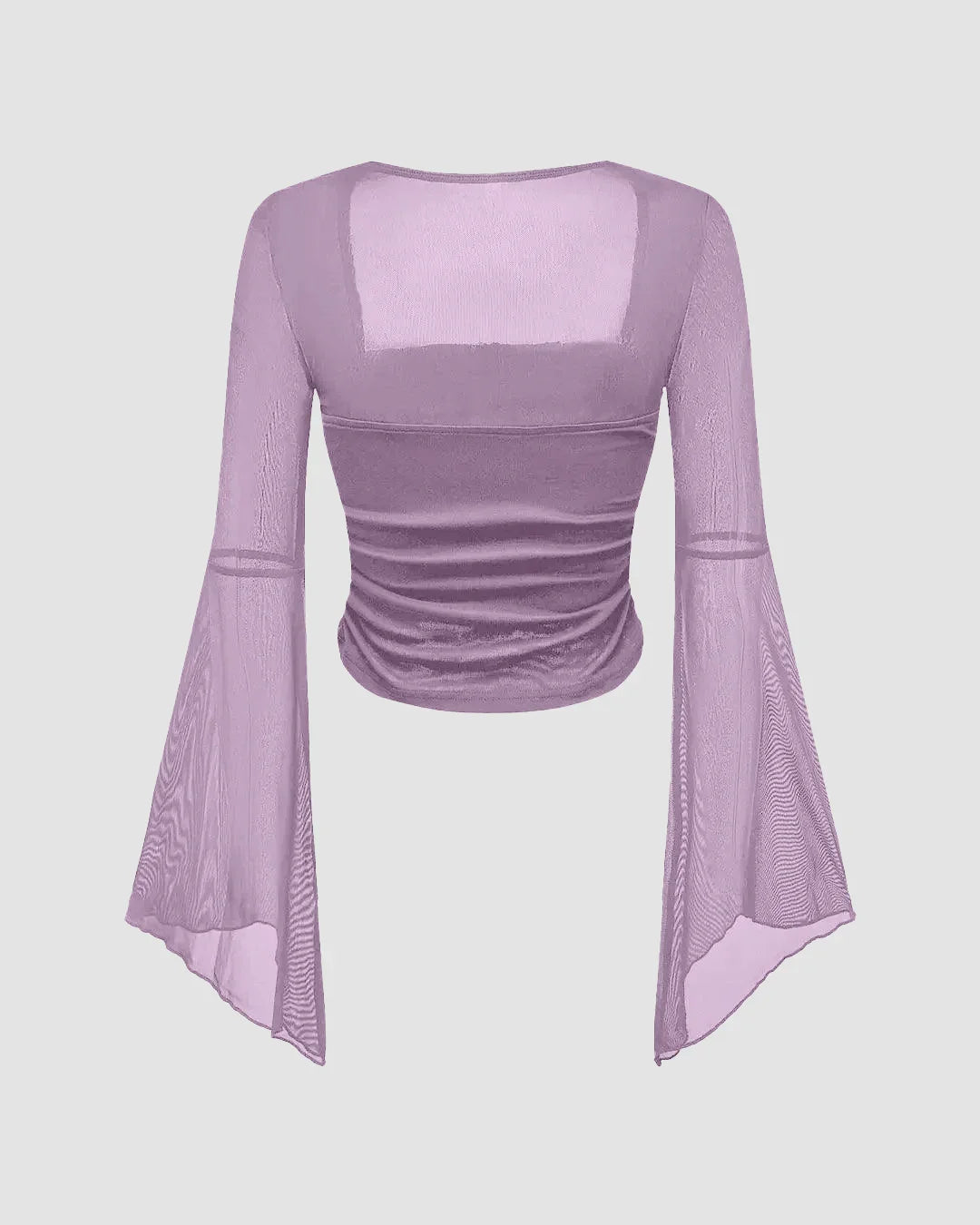 Square Neck Ruched Mesh Flared Long Sleeve Top in Purple