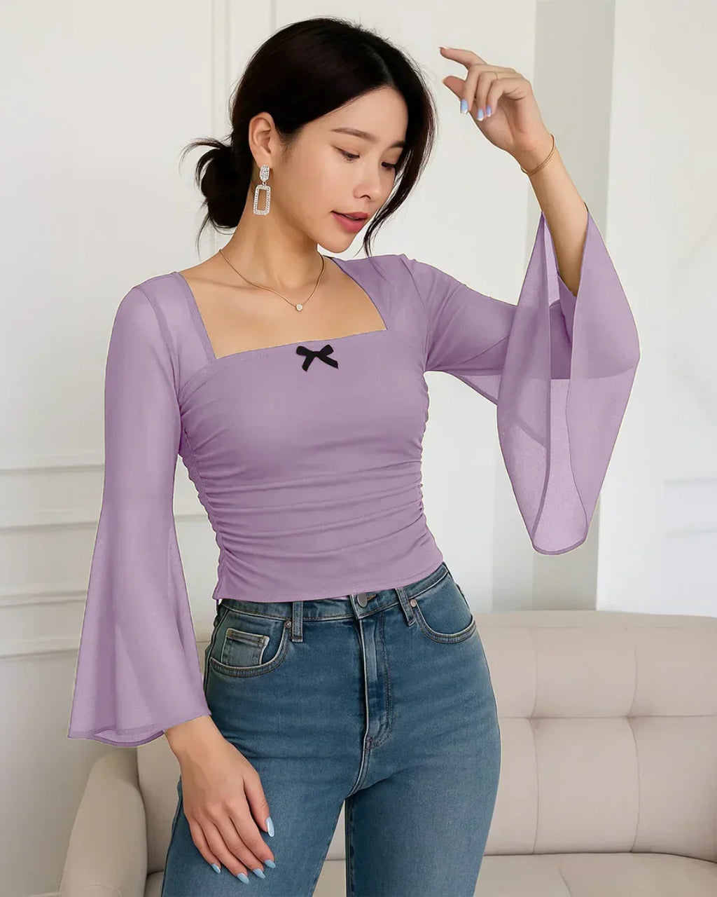 Square Neck Ruched Mesh Flared Long Sleeve Top in Purple