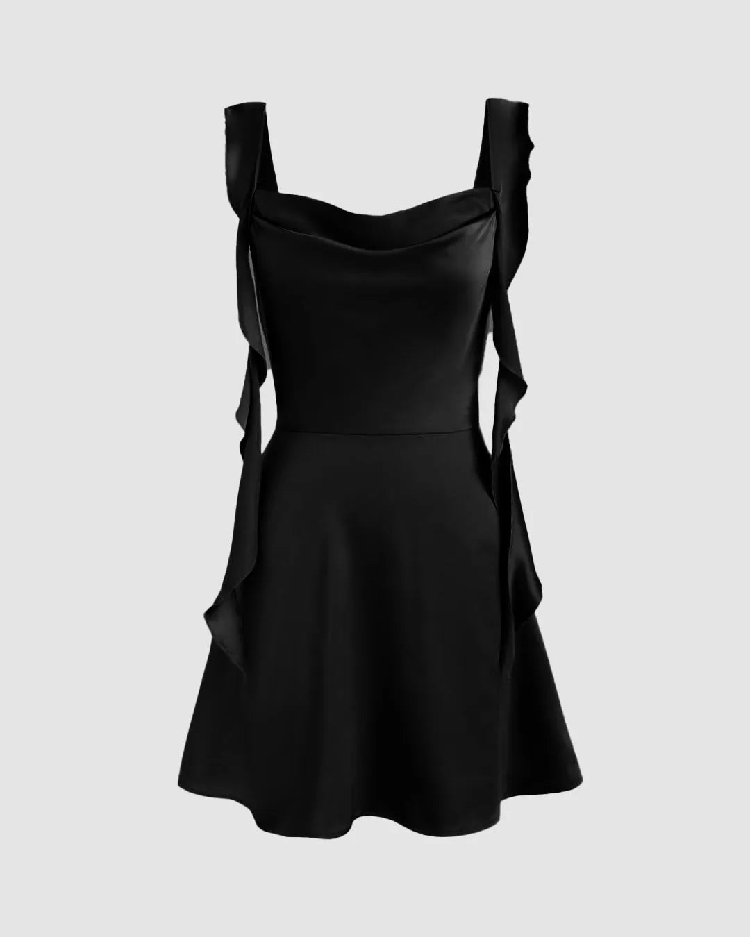 Square Neck Ruched Ruffle Black Mini Dress