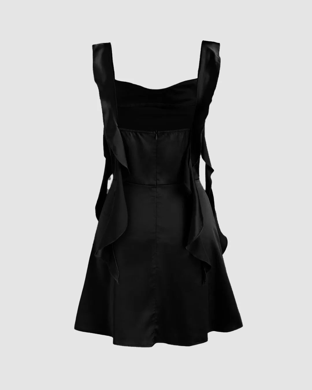 Square Neck Ruched Ruffle Black Mini Dress