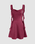 Square Neck Ruched Ruffle Rose Red Mini Dress