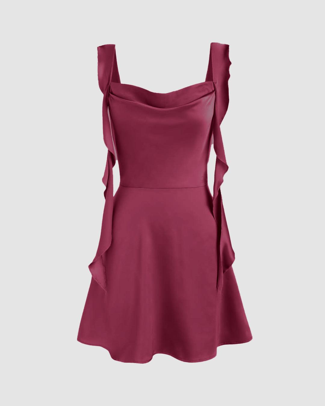 Square Neck Ruched Ruffle Rose Red Mini Dress
