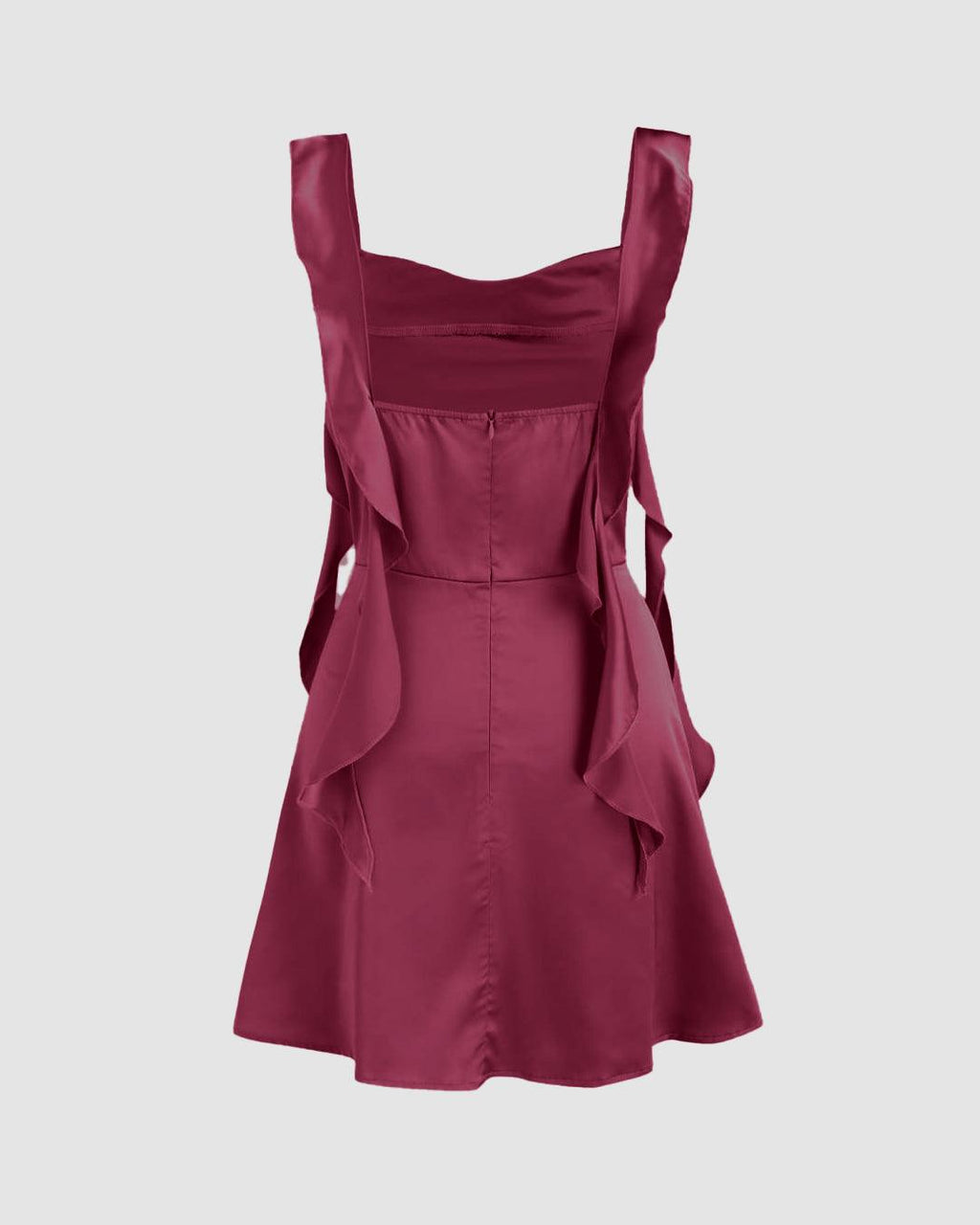 Square Neck Ruched Ruffle Rose Red Mini Dress