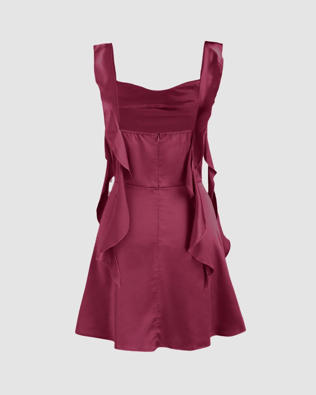 Square Neck Ruched Ruffle Rose Red Mini Dress