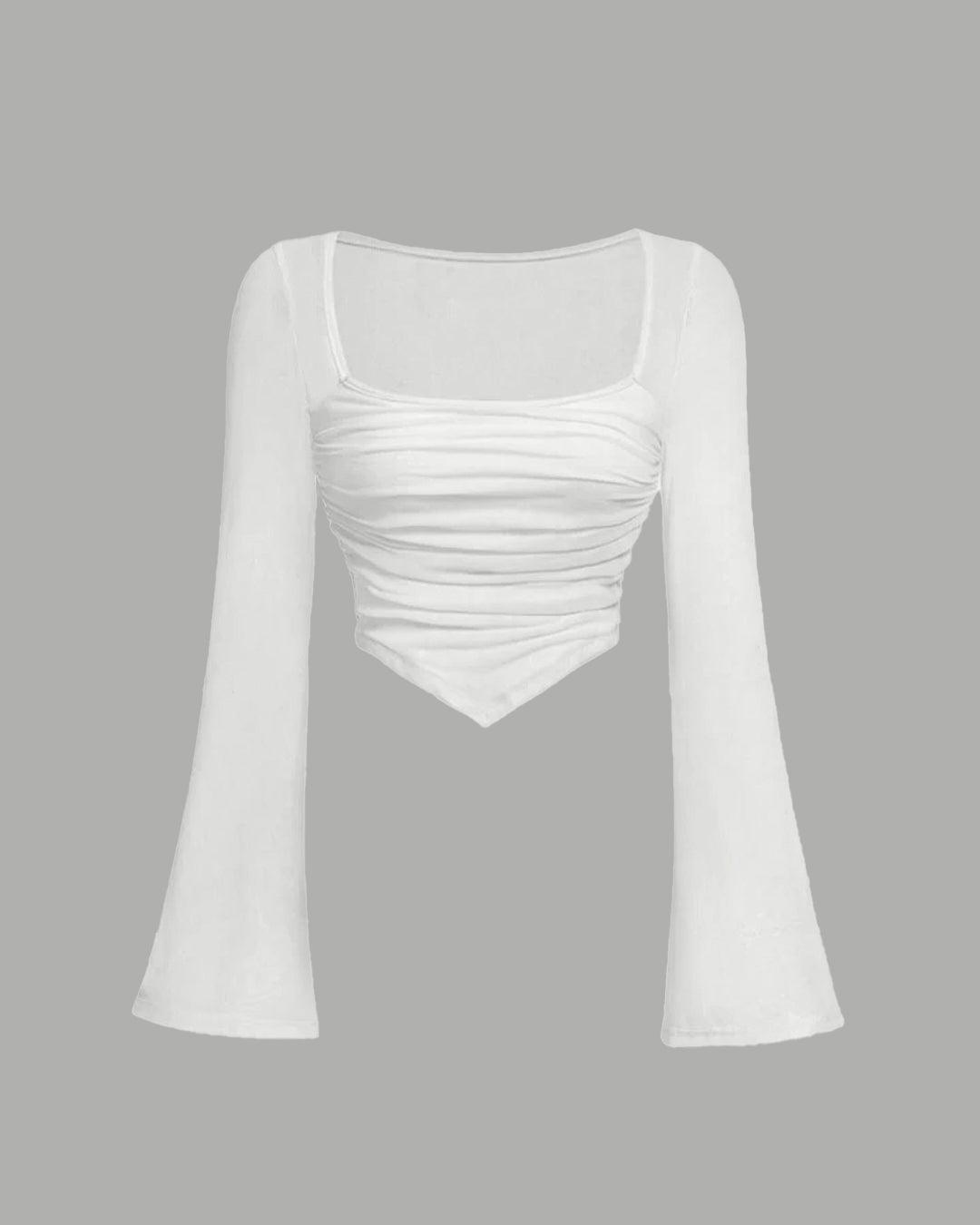 Square Neck Ruched See-Through Bell Sleeves Top In White