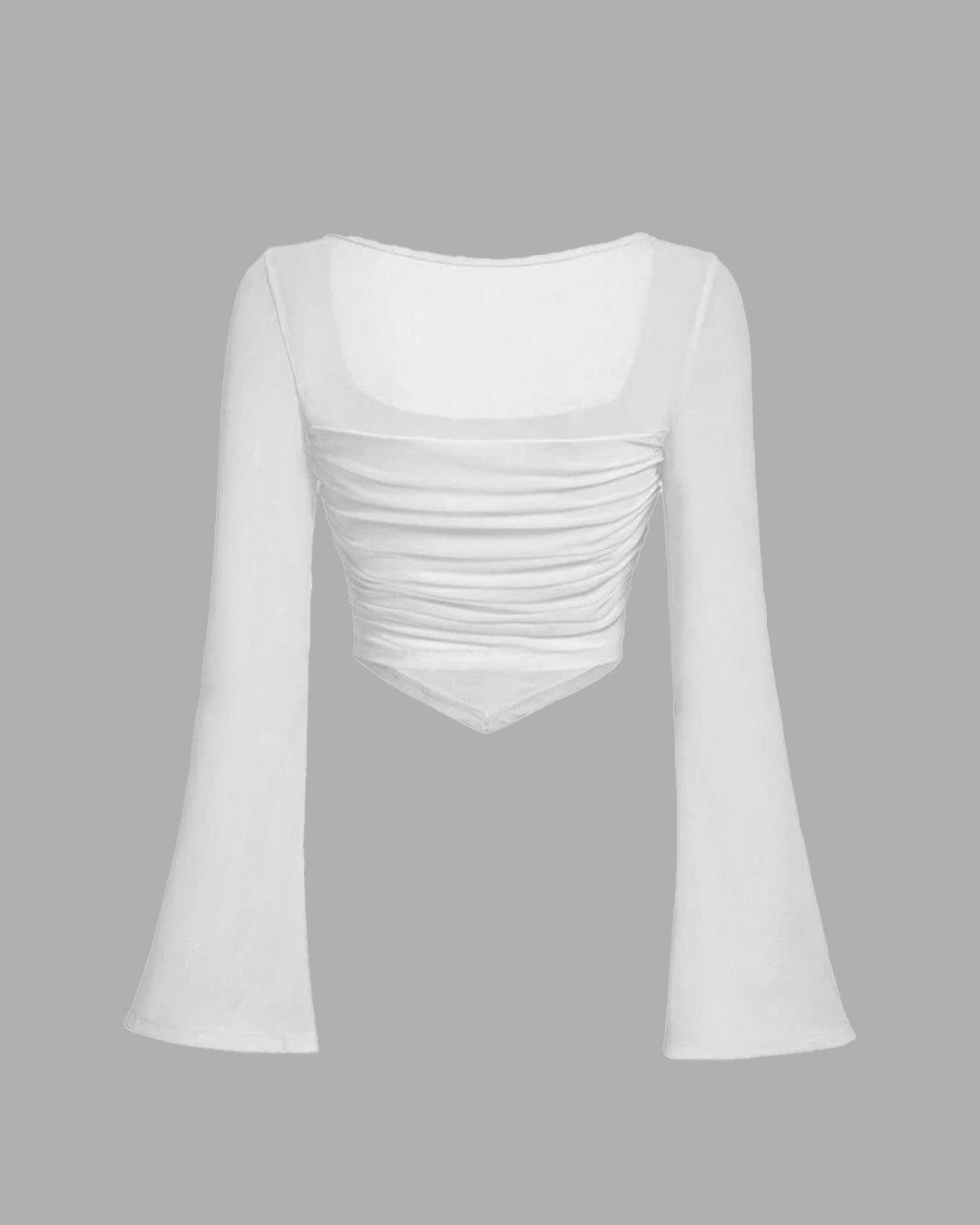 Square Neck Ruched See-Through Bell Sleeves Top In White