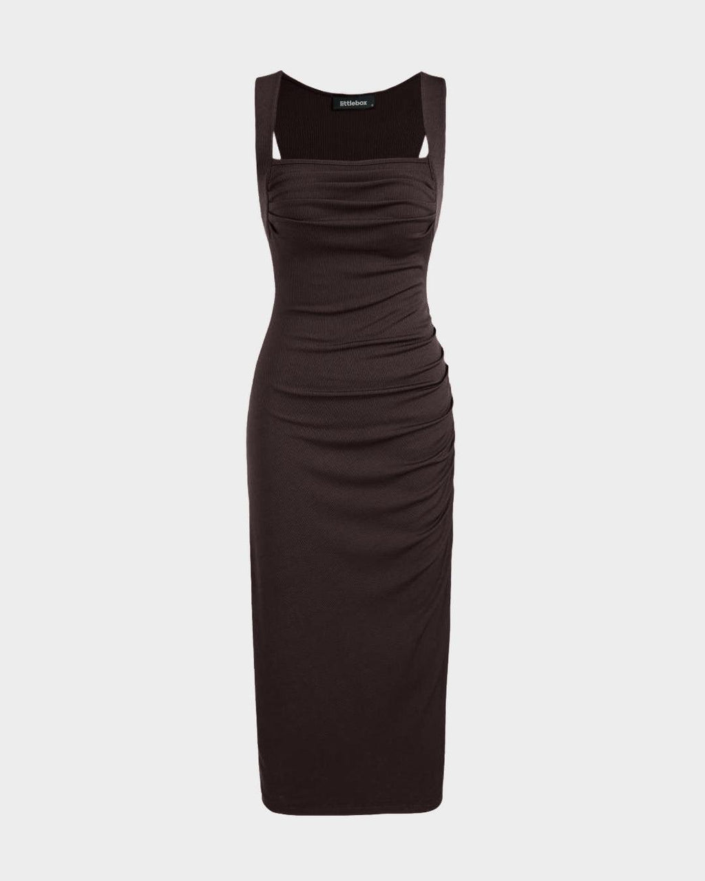 Square Neck Ruched Sleeveless Midi Dress In Dark Brown