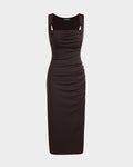 Square Neck Ruched Sleeveless Midi Dress In Dark Brown