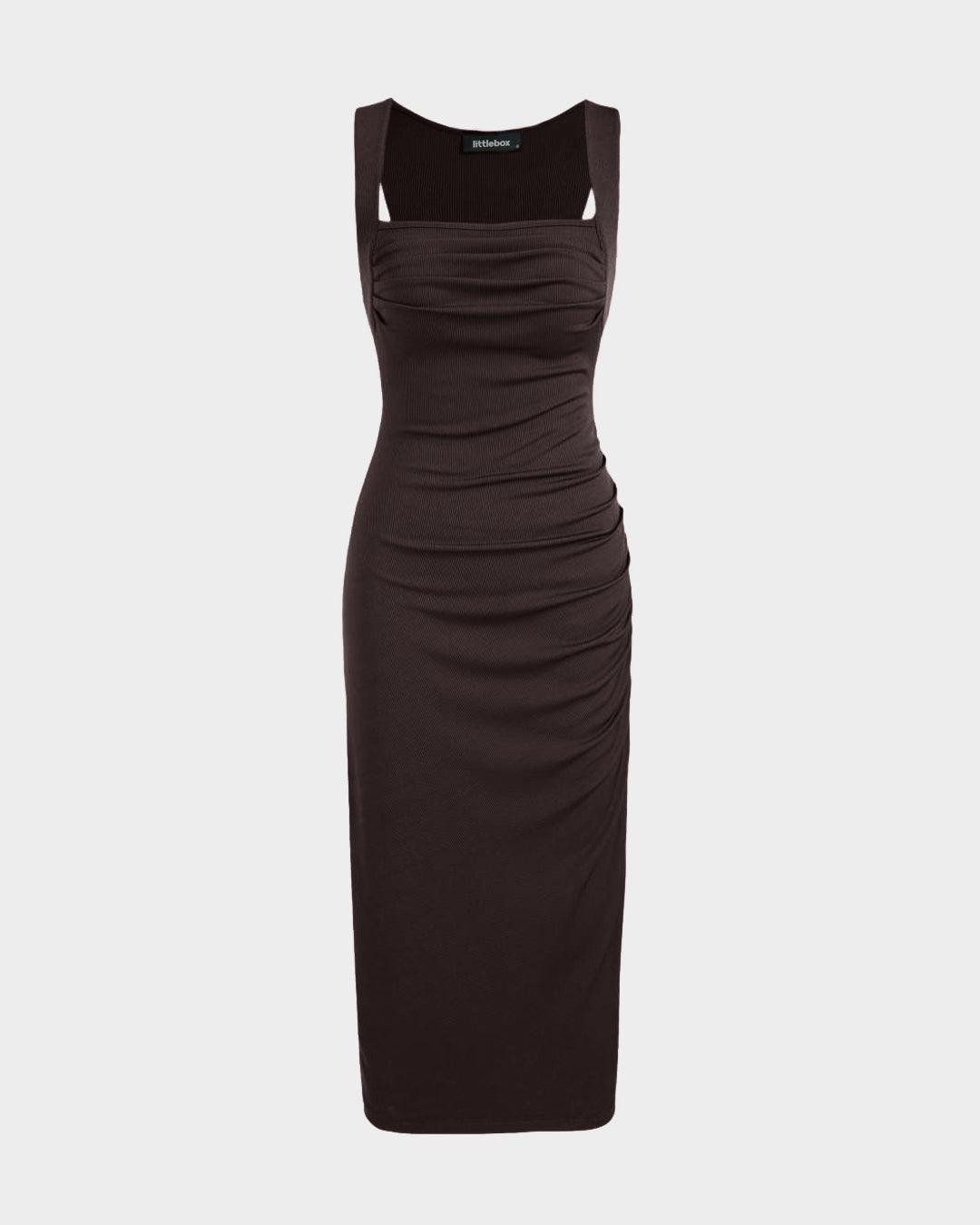 Square Neck Ruched Sleeveless Midi Dress In Dark Brown