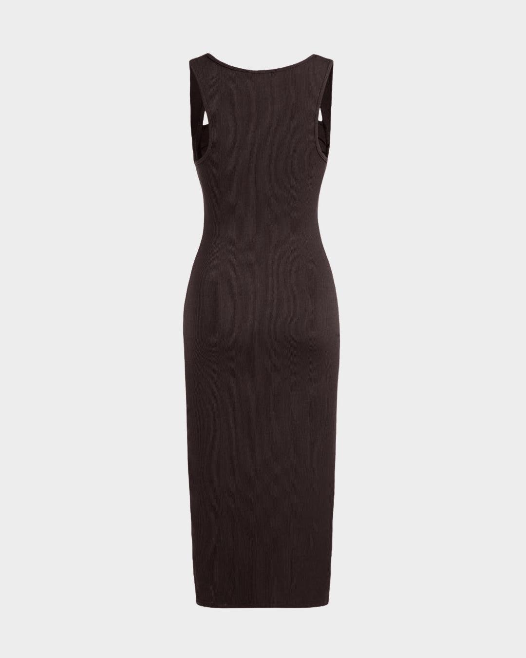 Square Neck Ruched Sleeveless Midi Dress In Dark Brown