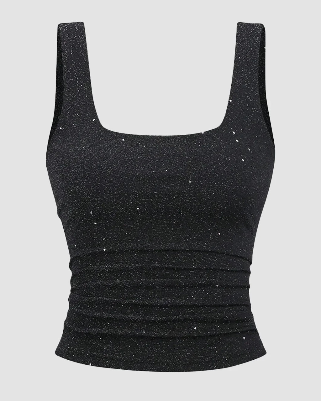 Square Neck Ruched Sleeveless Stretch Tank Top in Black