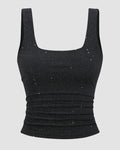 Square Neck Ruched Sleeveless Stretch Tank Top in Black
