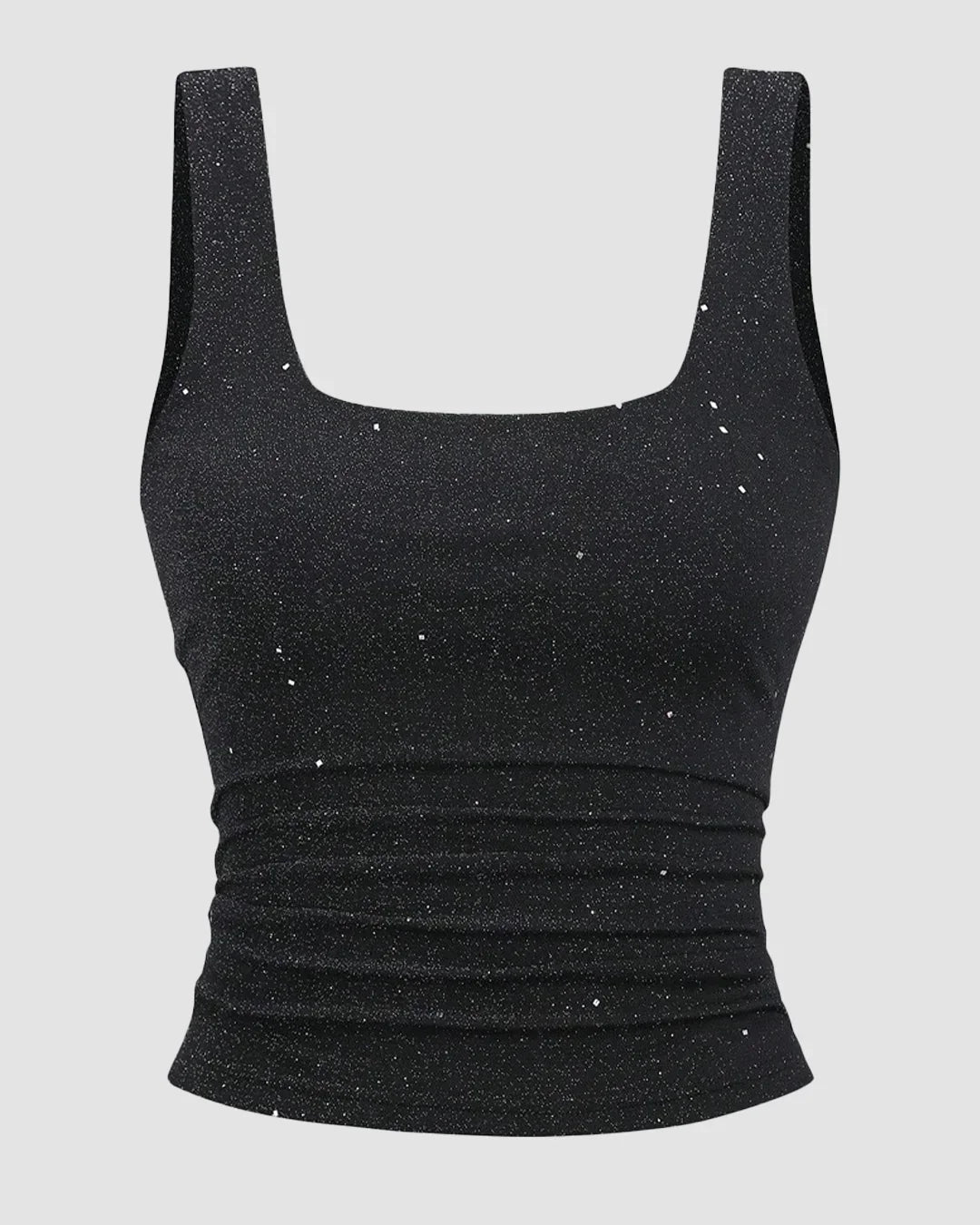 Square Neck Ruched Sleeveless Stretch Tank Top in Black