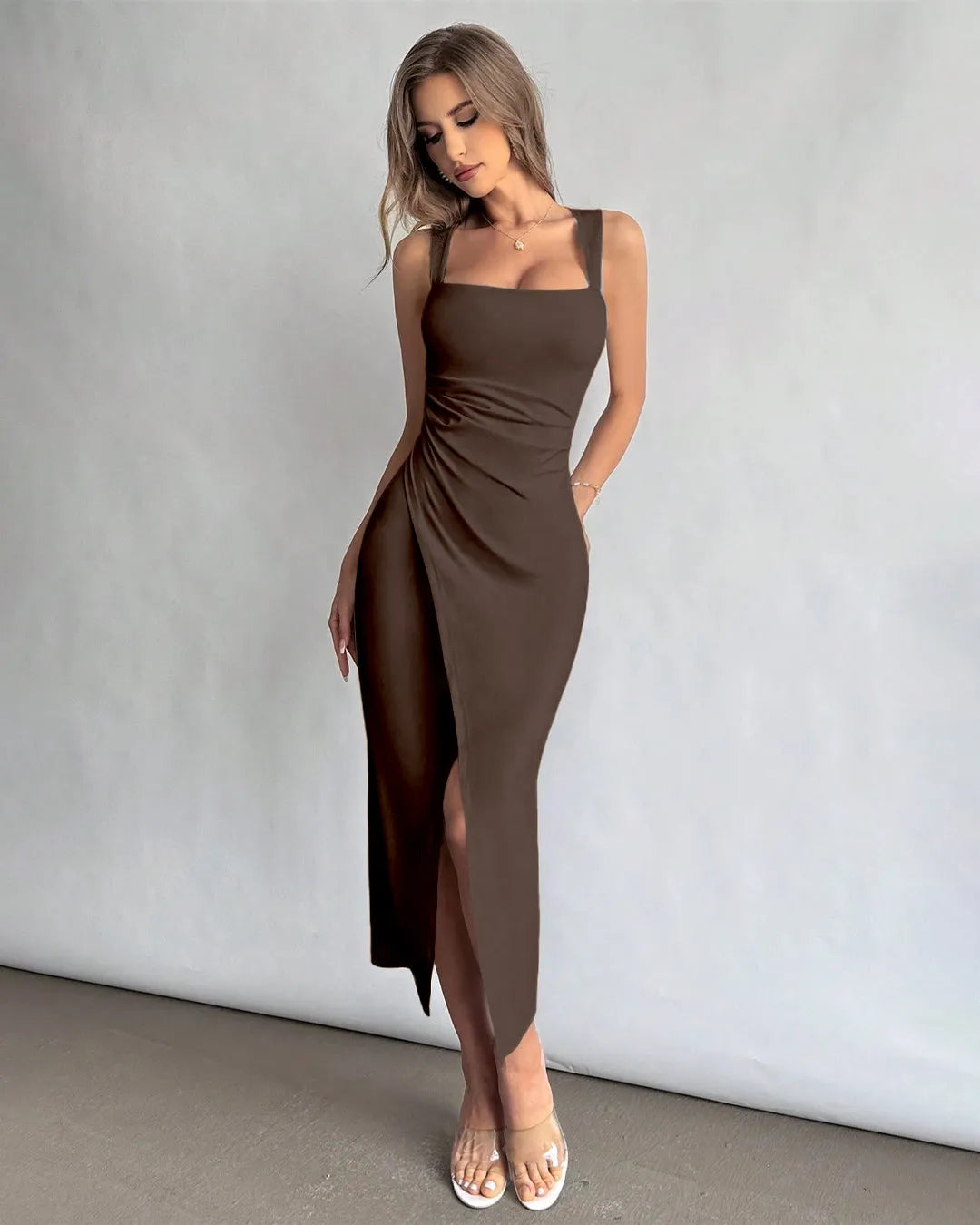 Square Neck Ruched Slit Midi Dress in Brown