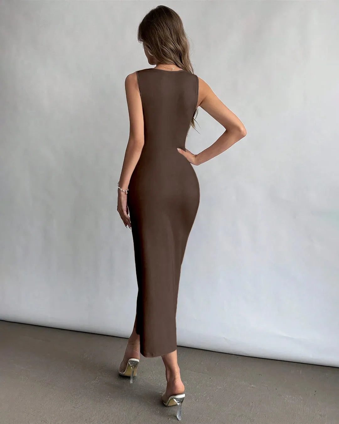 Square Neck Ruched Slit Midi Dress in Brown
