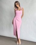 Square Neck Ruched Slit Midi Dress in Prism Pink