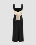 Square Neck Ruched Split Bowknot Maxi Dress