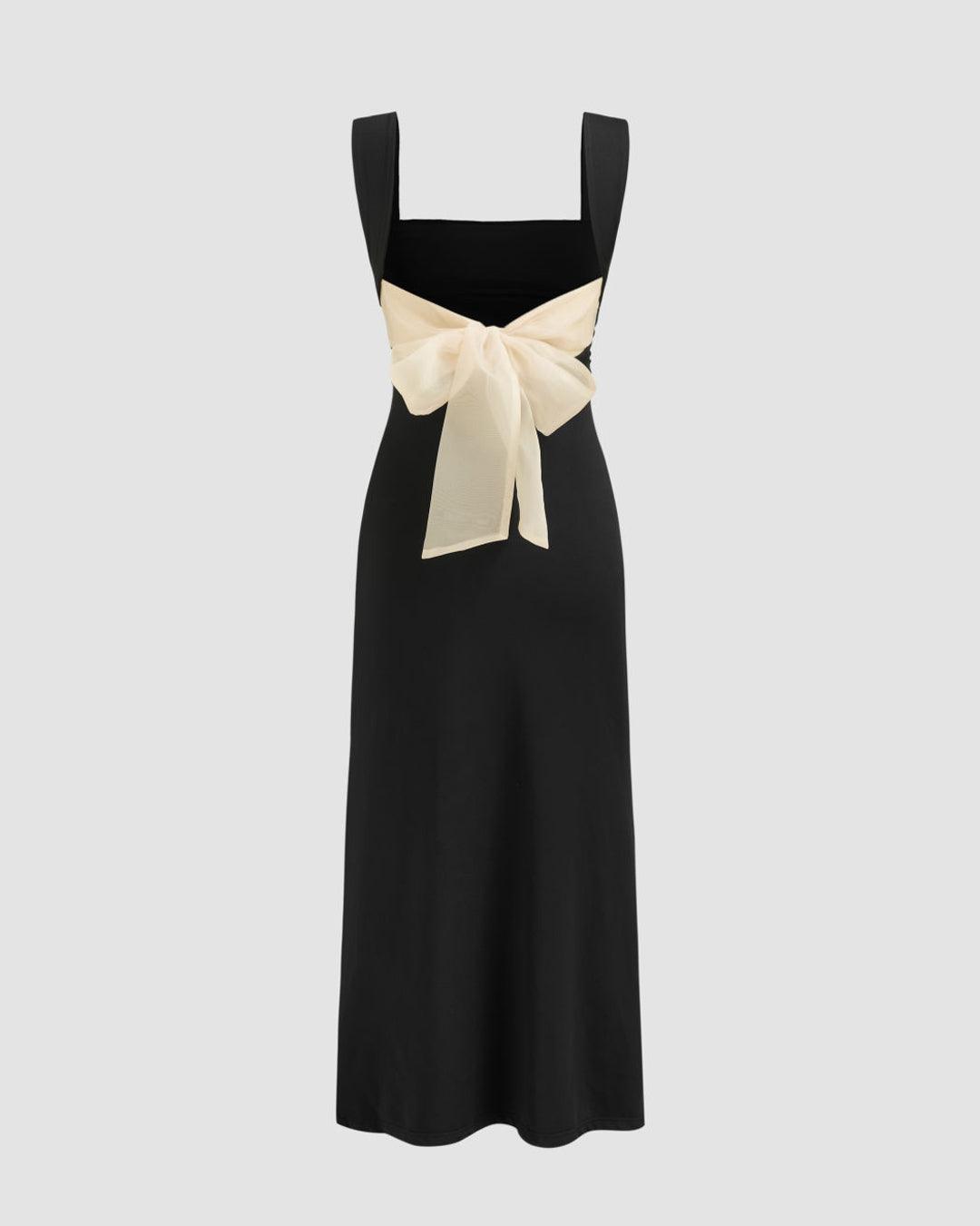 Square Neck Ruched Split Bowknot Maxi Dress
