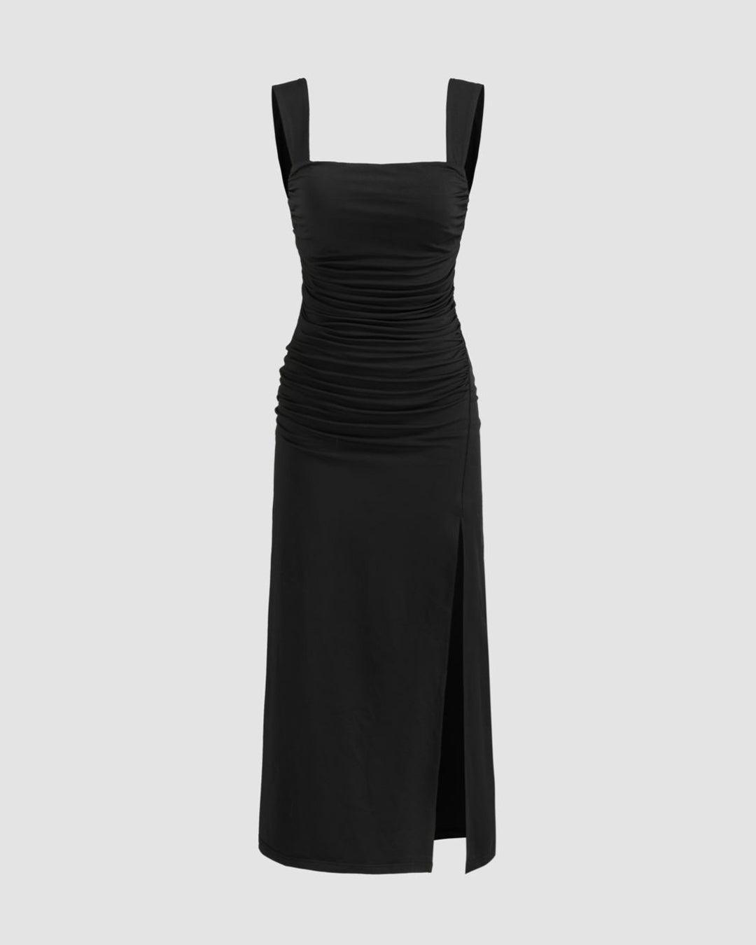 Square Neck Ruched Split Bowknot Maxi Dress