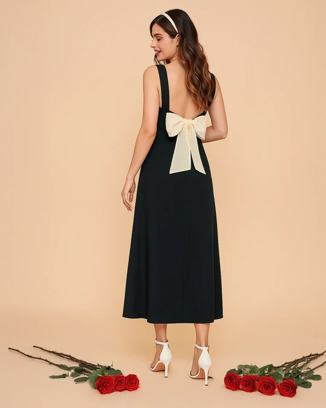 Square Neck Ruched Split Bowknot Maxi Dress
