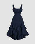 Square Neck Ruffle Hem High Low Midi Dress in Navy Blue