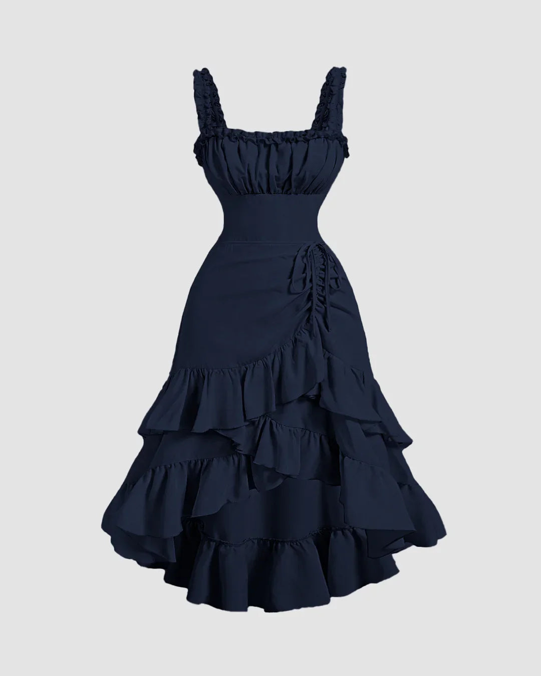 Square Neck Ruffle Hem High Low Midi Dress in Navy Blue