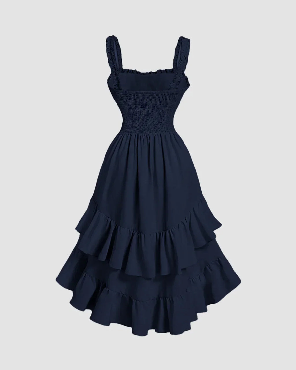 Square Neck Ruffle Hem High Low Midi Dress in Navy Blue