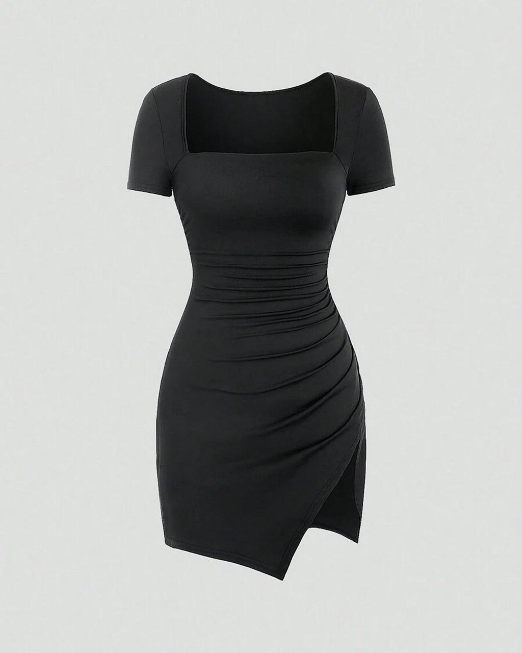 Square Neck Short Sleeve Ruched Black Dress