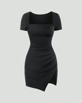 Square Neck Short Sleeve Ruched Black Dress