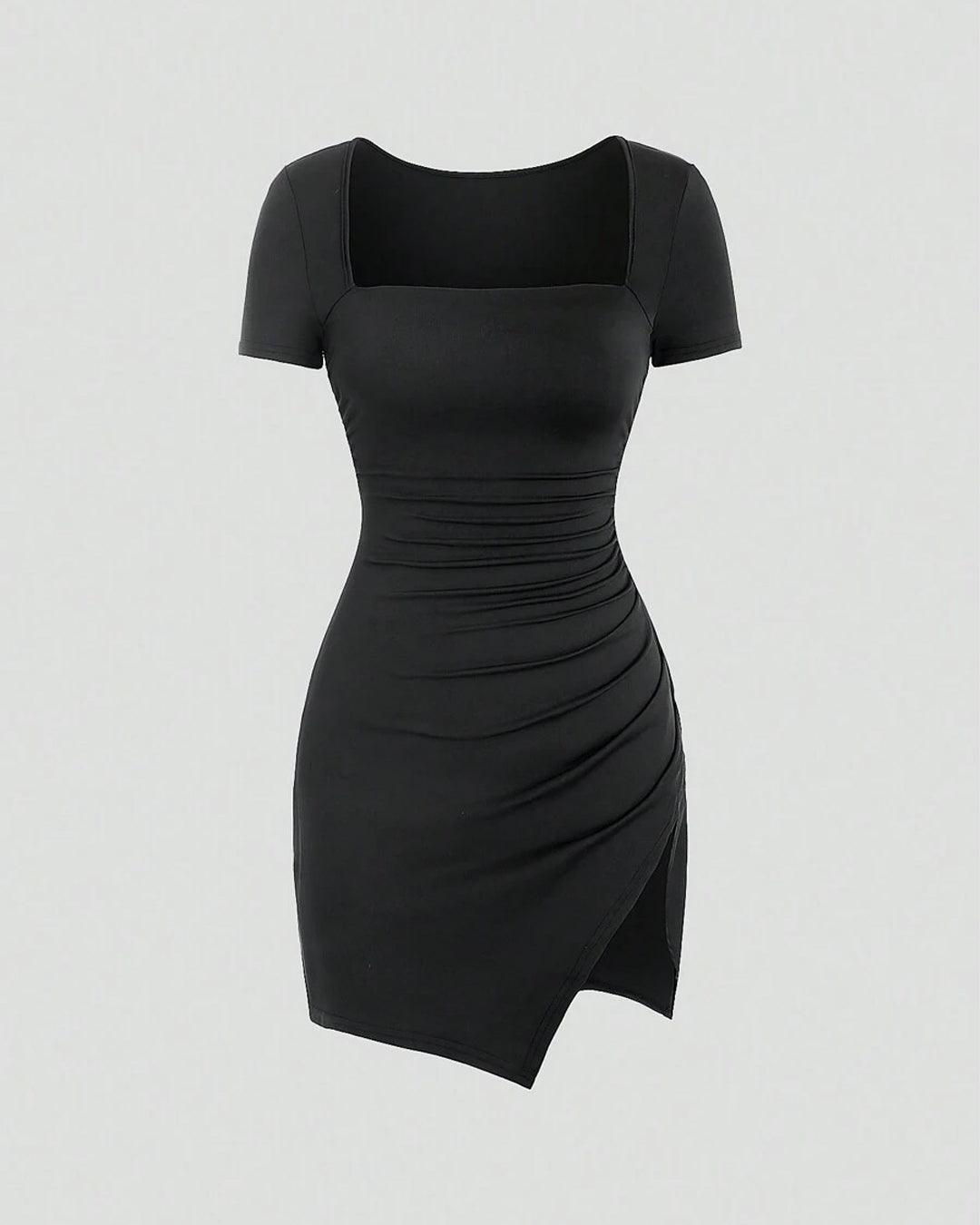 Square Neck Short Sleeve Ruched Black Dress