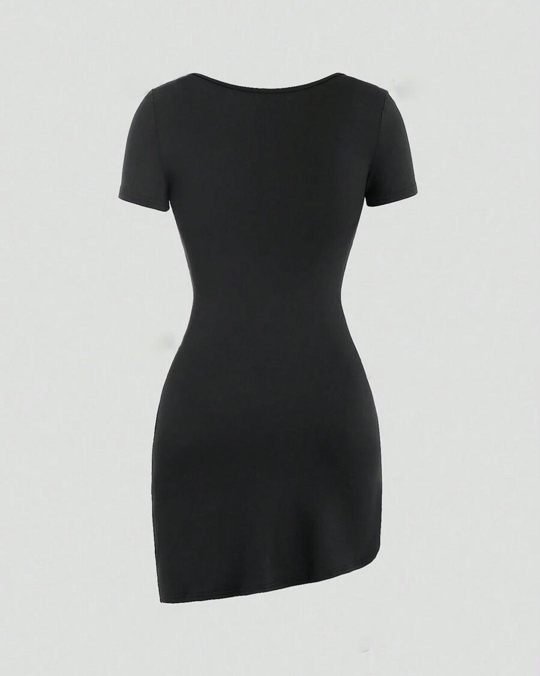 Square Neck Short Sleeve Ruched Black Dress