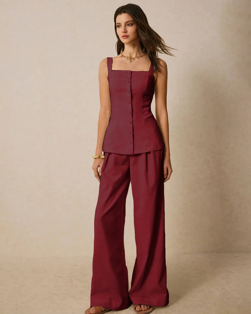 Square Neck Sleeveless Co-ord Set With Front Buttons In Burgundy