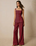 Square Neck Sleeveless Co-ord Set With Front Buttons In Burgundy