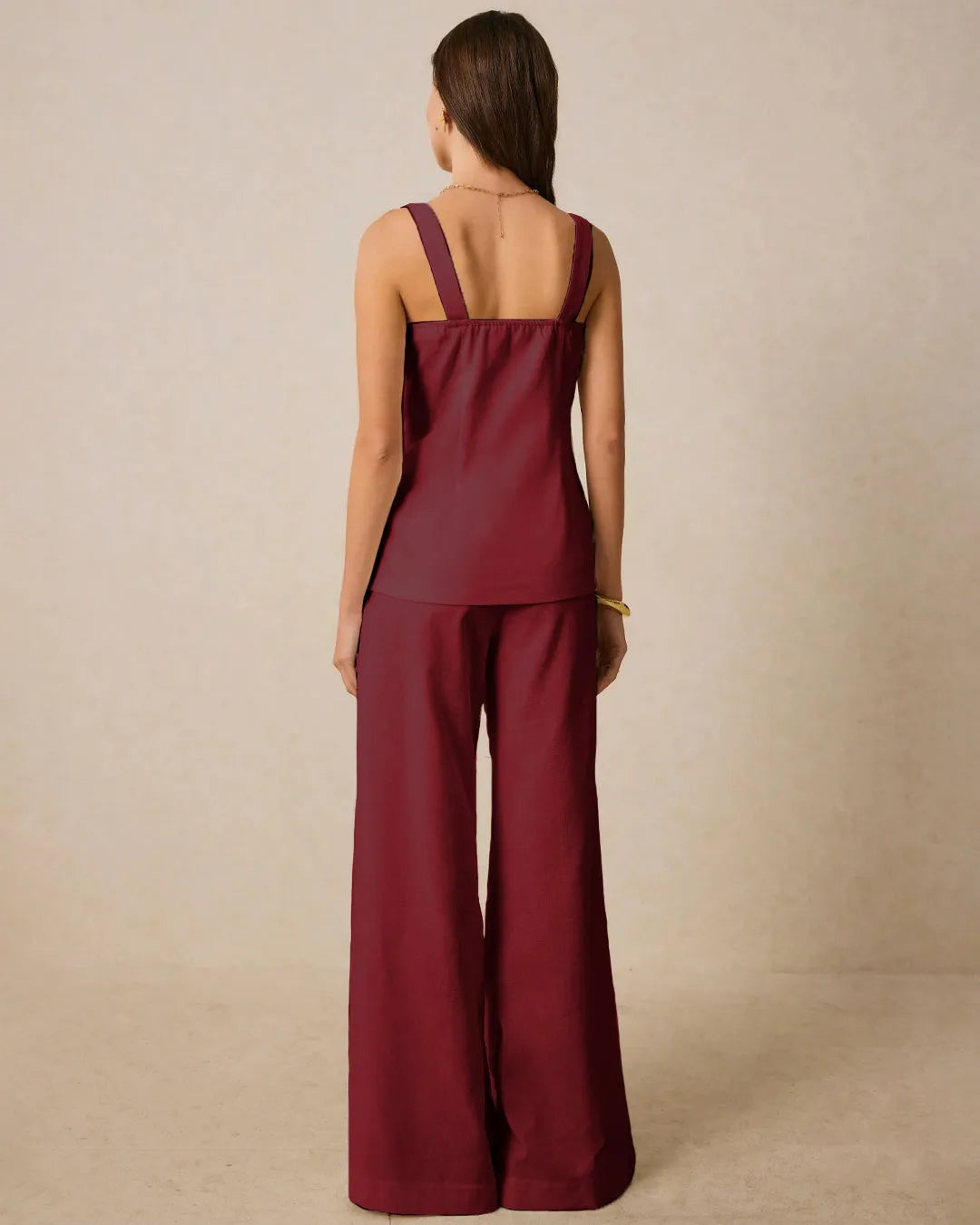 Square Neck Sleeveless Co-ord Set With Front Buttons In Burgundy