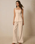 Square Neck Sleeveless Co-ord Set With Front Buttons In Light Khaki