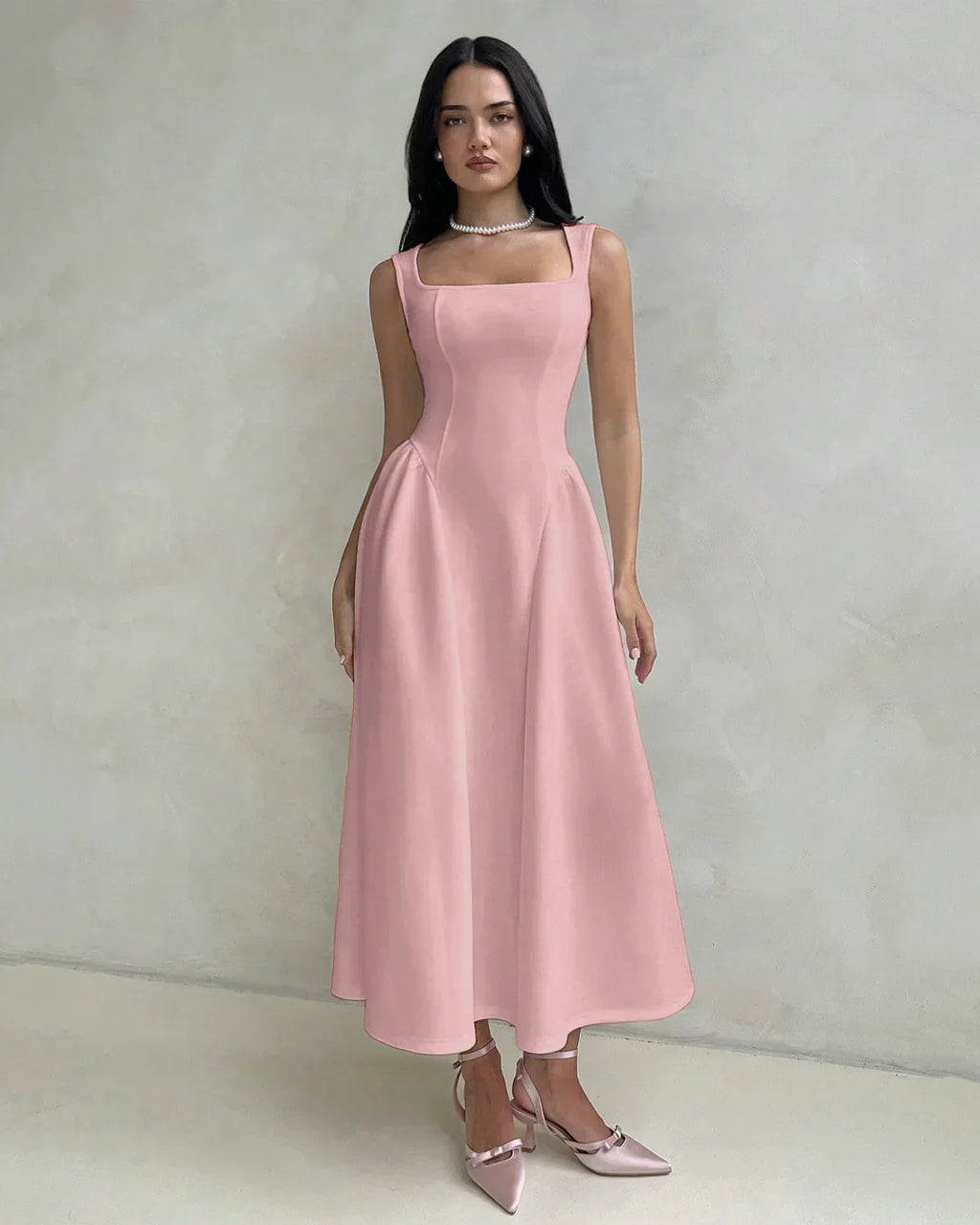 Square Neck Sleeveless Fit & Flare Midi Dress in Dusty Pink